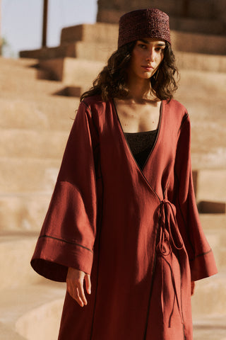 Linen Tie Detail Kimono Copper