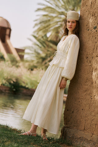 Embroidered Muslin Flowing Skirt Ecru