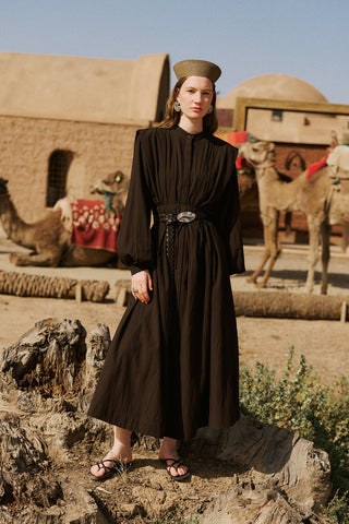 Long Sleeve Pleated Dress With Belt Detail Dark Brown