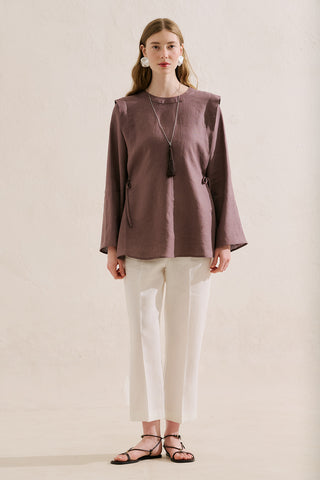 Linen Tie Detail Wide Sleeve Tunic Lavender