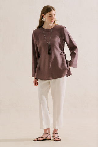 Linen Tie Detail Wide Sleeve Tunic Lavender