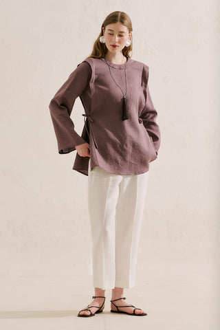 Linen Tie Detail Wide Sleeve Tunic Lavender