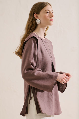 Linen Tie Detail Wide Sleeve Tunic Lavender