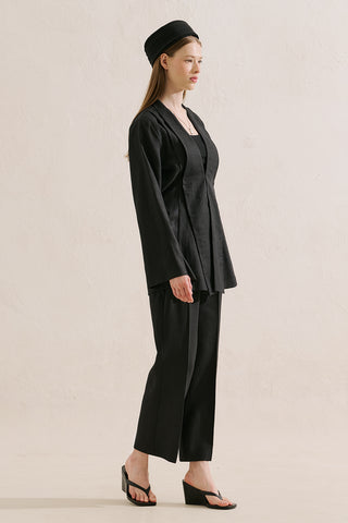 Pleated Linen Kimono Jacket Black