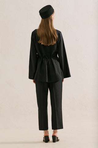 Pleated Linen Kimono Jacket Black