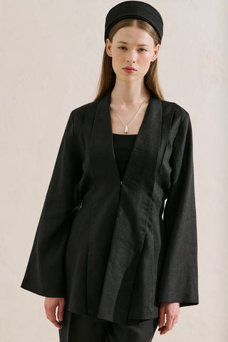 Pleated Linen Kimono Jacket Black
