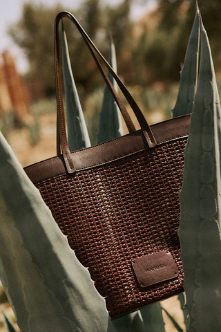 Ira Woven Leather Bucket Bag Brown