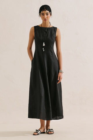 Draped Linen Dress Black
