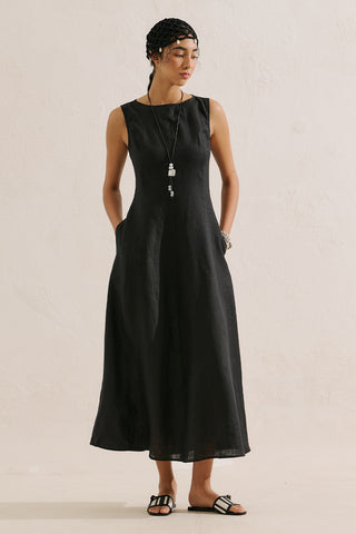 Draped Linen Dress Black
