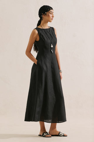 Draped Linen Dress Black