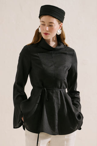 Linen Blend High Neck Tunic Black