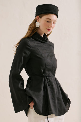 Linen Blend High Neck Tunic Black