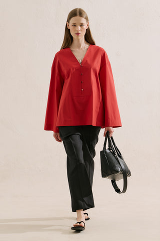 Poplin Wide Sleeve V Neck Shirt Red