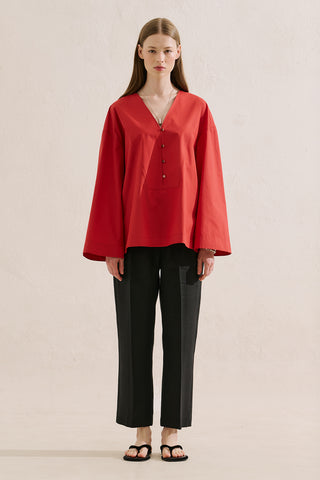 Poplin Wide Sleeve V Neck Shirt Red
