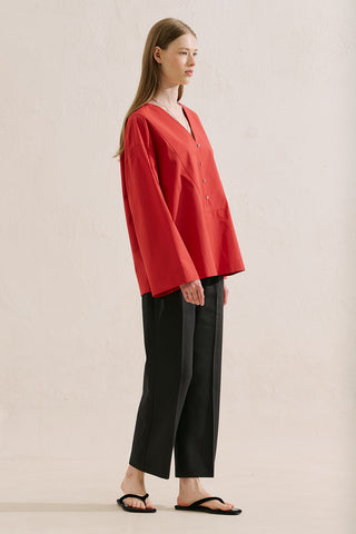 Poplin Wide Sleeve V Neck Shirt Red
