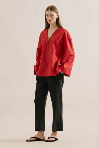 Poplin Wide Sleeve V Neck Shirt Red