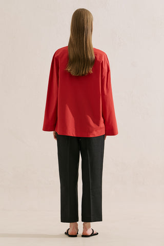 Poplin Wide Sleeve V Neck Shirt Red