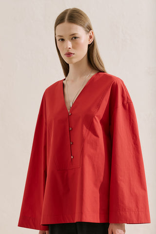 Poplin Wide Sleeve V Neck Shirt Red