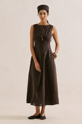 Draped Linen Dress Dark Brown