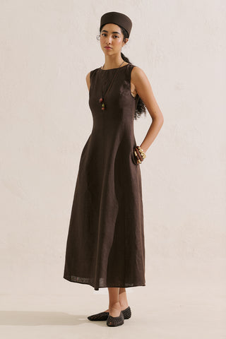 Draped Linen Dress Dark Brown