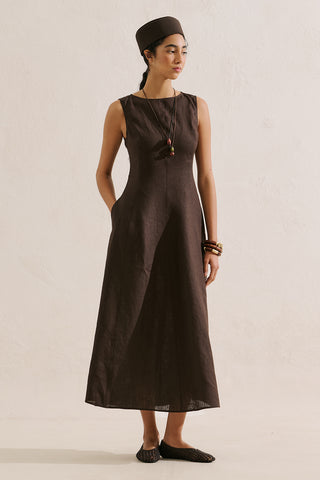 Draped Linen Dress Dark Brown