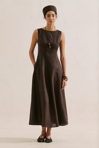Draped Linen Dress Dark Brown