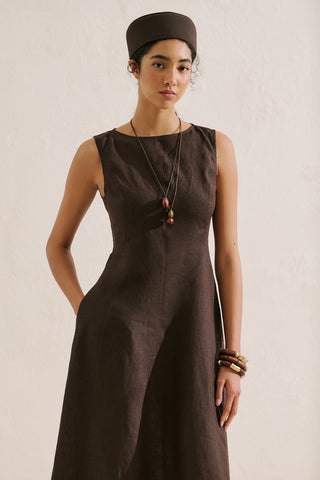 Draped Linen Dress Dark Brown