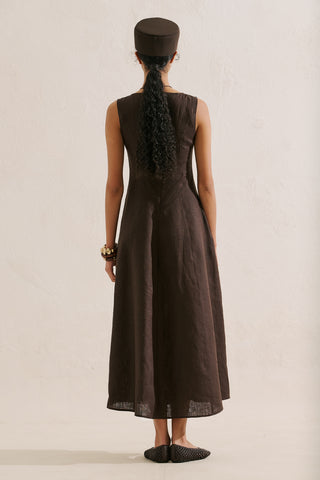Draped Linen Dress Dark Brown