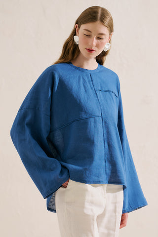 Linen Wide Sleeve Blouse Blue