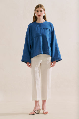 Linen Wide Sleeve Blouse Blue