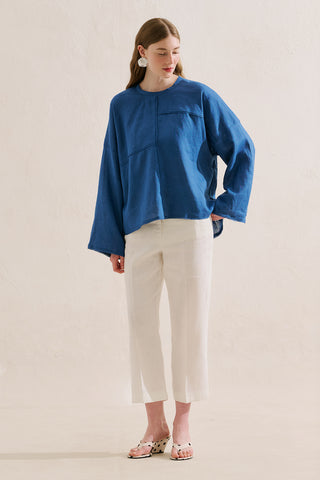 Linen Wide Sleeve Blouse Blue