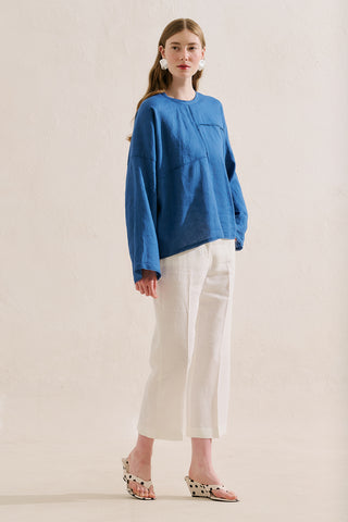 Linen Wide Sleeve Blouse Blue