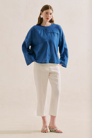 Linen Wide Sleeve Blouse Blue