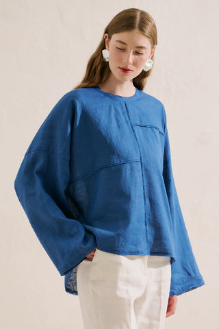 Linen Wide Sleeve Blouse Blue