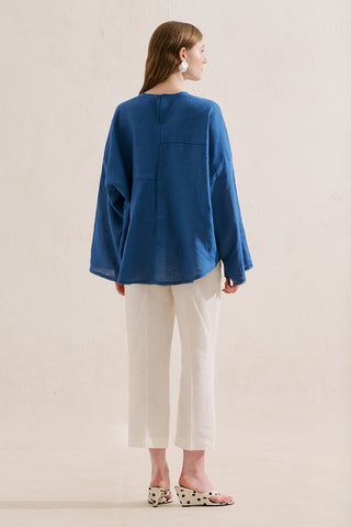 Linen Wide Sleeve Blouse Blue