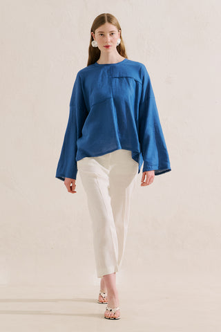 Linen Wide Sleeve Blouse Blue