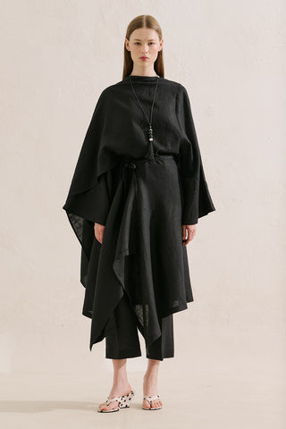 Asymmetric Linen Cape Blouse Black