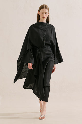 Asymmetric Linen Cape Blouse Black
