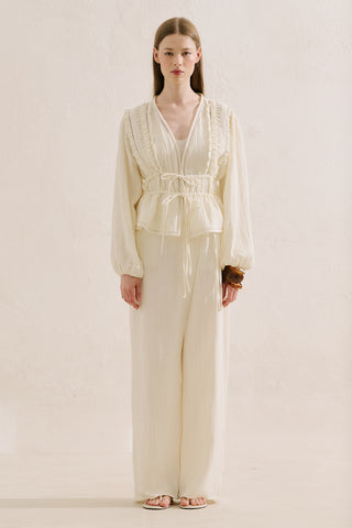 Embroidered Muslin Cropped Blouse Ecru