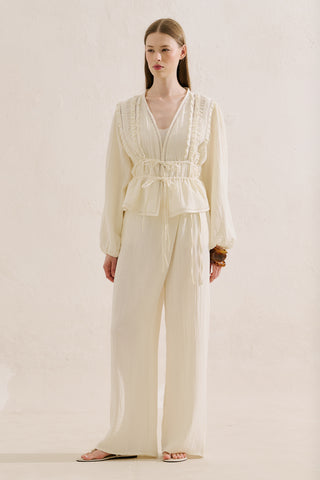 Embroidered Muslin Cropped Blouse Ecru