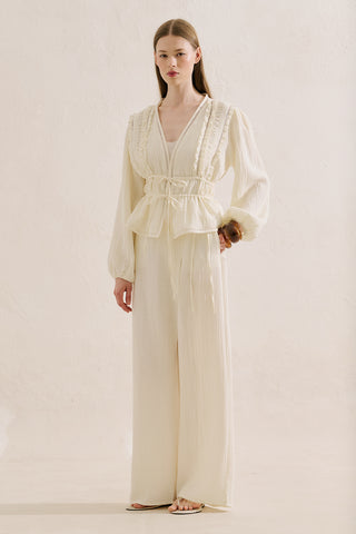 Embroidered Muslin Cropped Blouse Ecru