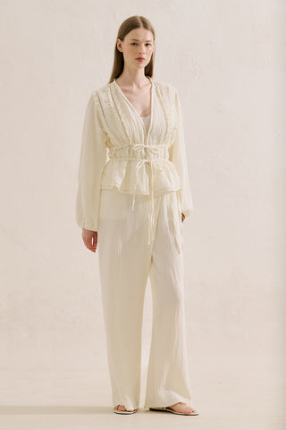 Embroidered Muslin Cropped Blouse Ecru