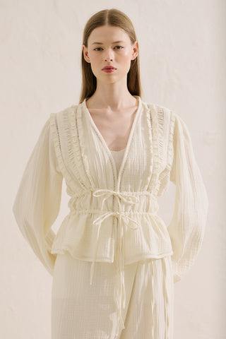 Embroidered Muslin Cropped Blouse Ecru