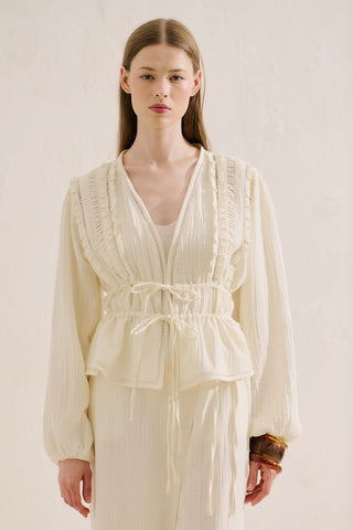 Embroidered Muslin Cropped Blouse Ecru