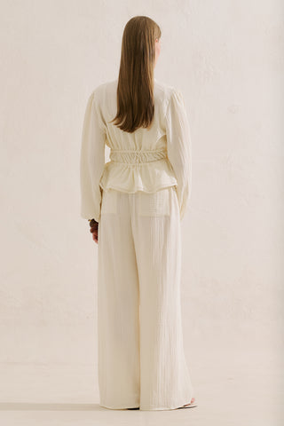 Embroidered Muslin Cropped Blouse Ecru
