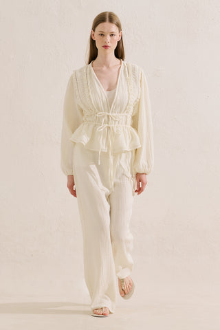 Embroidered Muslin Cropped Blouse Ecru