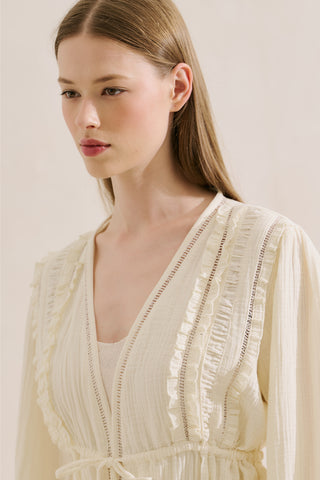 Embroidered Muslin Cropped Blouse Ecru