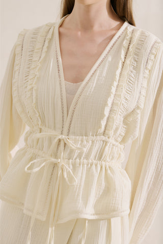 Embroidered Muslin Cropped Blouse Ecru