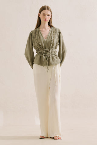 Embroidered Muslin Cropped Blouse Sage Green