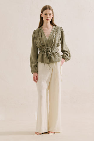 Embroidered Muslin Cropped Blouse Sage Green